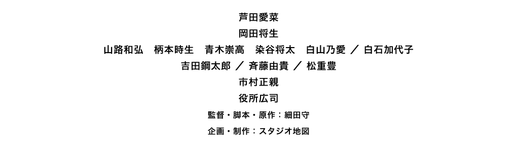 芦田愛菜　岡田将生　山路和弘　柄本時生　青木崇高　染谷将太　白山乃愛 ／ 白石加代子　吉田鋼太郎／斉藤由貴／松重豊　市村正親　役所広司　監督・脚本・原作：細田守　企画・制作：スタジオ地図