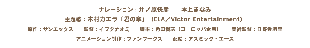 ナレーション：井ノ原快彦　本上まなみ／主題歌：木村カエラ「君の傘」（ELA／Victor Entertainment）／原作：サンエックス／監督：イワタナオミ／脚本：角田貴志（ヨーロッパ企画）／美術監督：日野香諸里／アニメーション制作：ファンワークス／配給：アスミック・エース